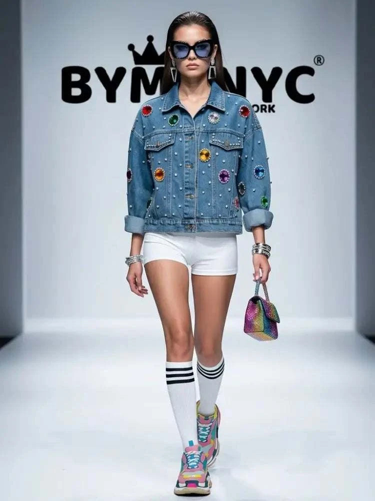 Women's Blue Denim Jacket Oversized Jewel Pearl Embellished BYMANYC ® New York CONTEMPORARY VIBRANT MODERN OUTERWEAR - New Collection