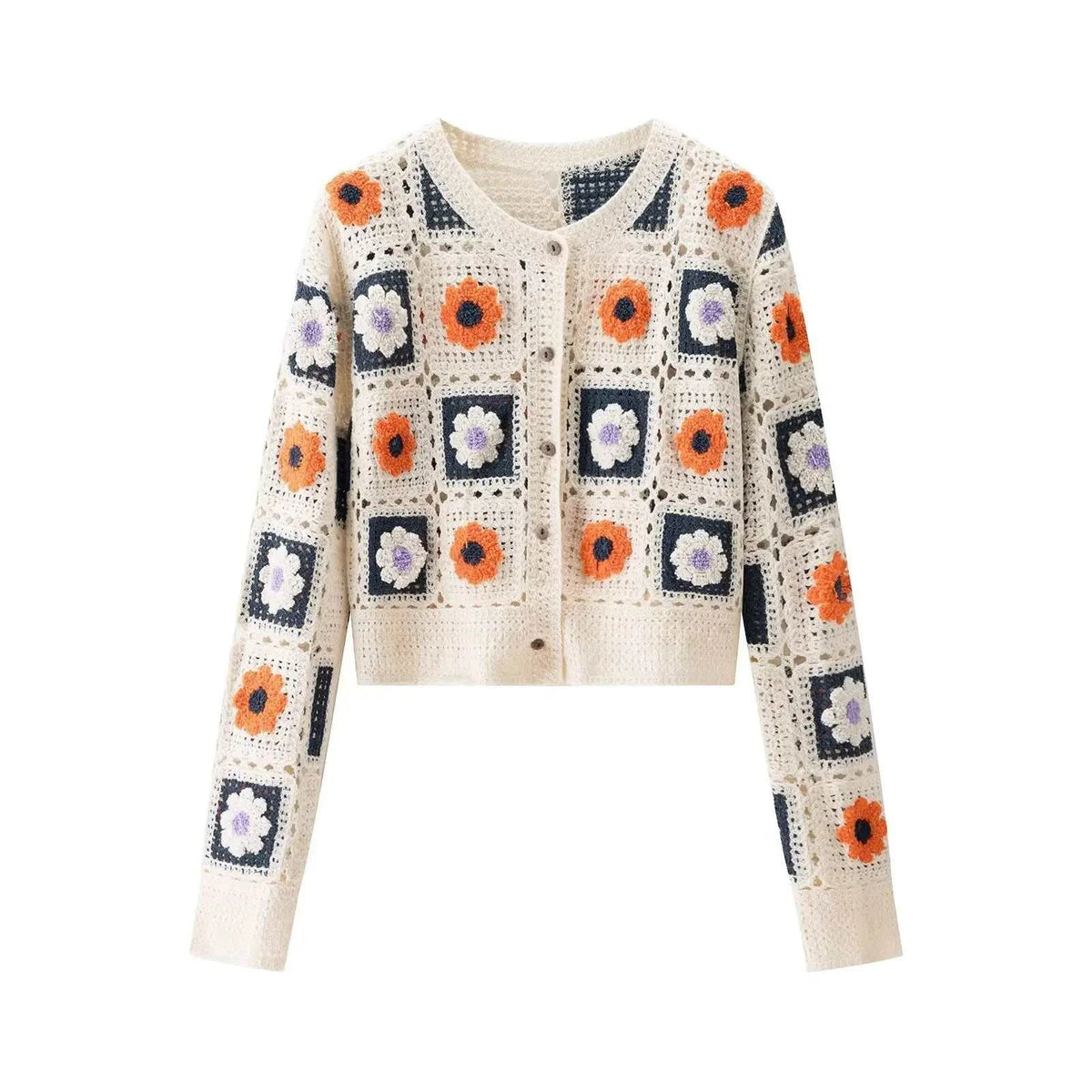 Women's Cardigan Cream Crochet Floral BYMANYC ® New York SOHO FLORAL GRANNY SQUARE CROCHET CARDIGAN - New Collection