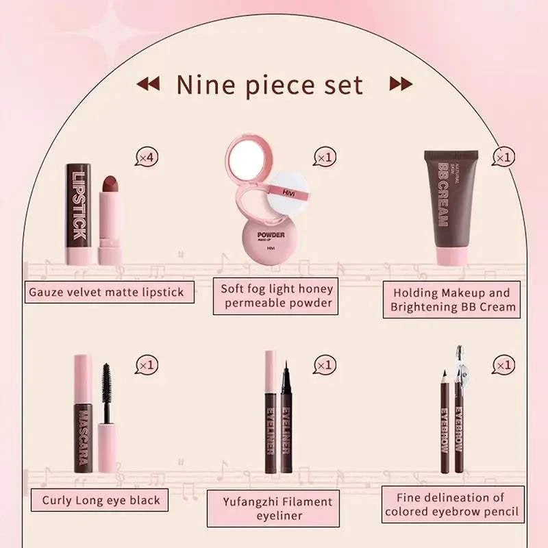 Women's Christmas makeup set, 9 lipsticks & powder press &BB cream & eyebrow pencil & mascara & eyeliner set,for women and girls