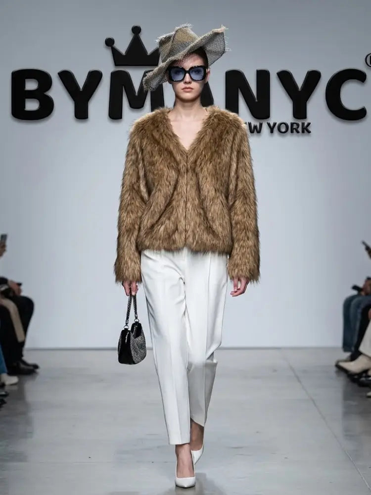 Women's Collarless Shaggy Faux Fur Jacket BYMANYC ® New York CONTEMPORARY VIBRANT MODERN FASHION - New Collection