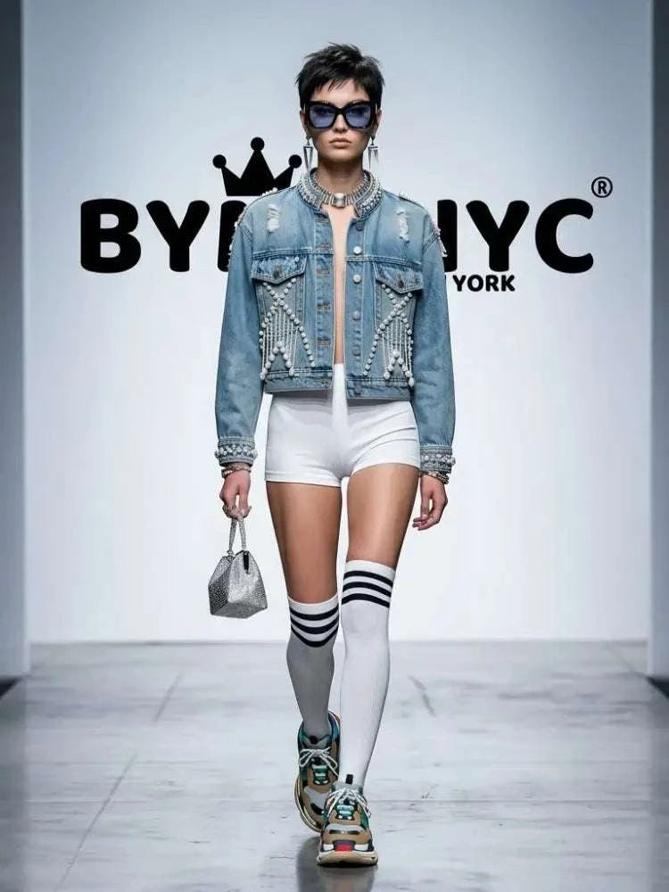 Women's Denim Jacket Pearl Embellished Fringe BYMANYC ® New York CONTEMPORARY VIBRANT MODERN OUTERWEAR - New Collection