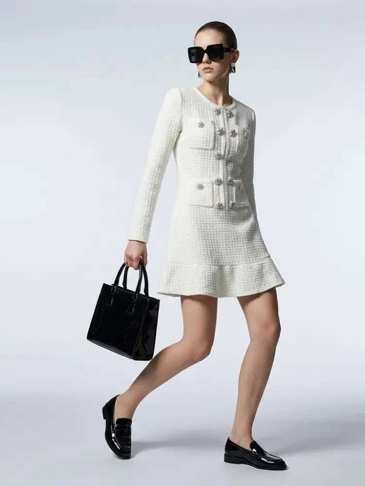 Women's Dress Bouclé Tweed BYMANYC ® New York MADISON IVORY BUTTON MINI - New Collection