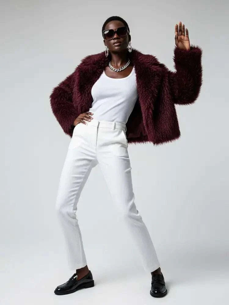 Women's Faux Fur Cropped Jacket BURGUNDY - CARROLL GARDENS: New Collection COUTURE in BROOKLYN - BYMANYC ® New York