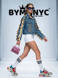 Women's Gold Coin & Rhinestone Embellished Denim Jacket BYMANYC ® New York CONTEMPORARY VIBRANT MODERN OUTERWEAR - New Collection
