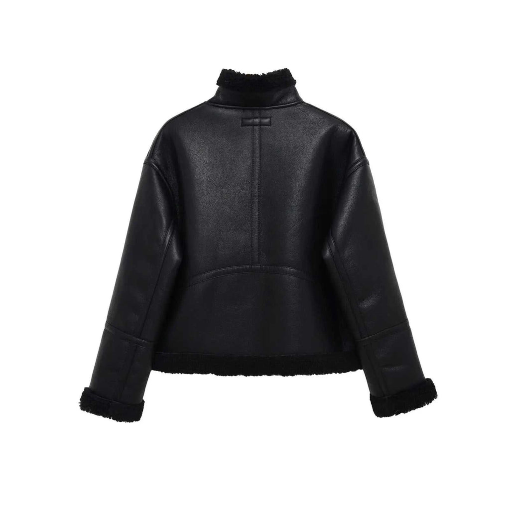 Women's Jacket Black Faux Leather Shearling BYMANYC ® New York SOHO BLACK AVIATOR BIKER - New Collection