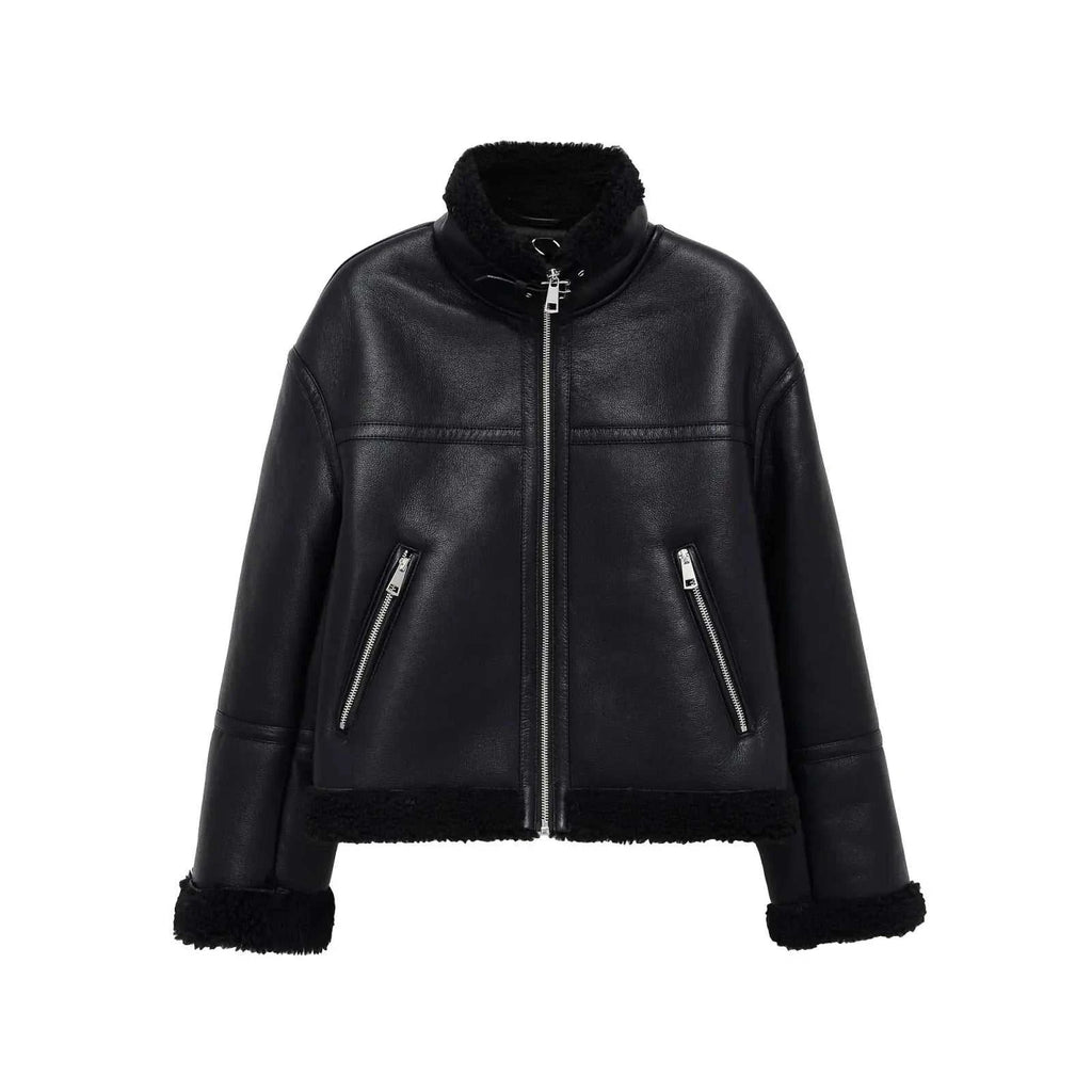 Women's Jacket Black Faux Leather Shearling BYMANYC ® New York SOHO BLACK AVIATOR BIKER - New Collection