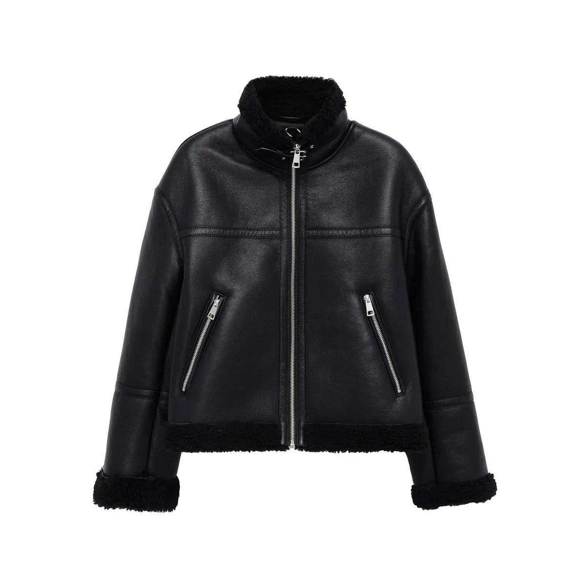 Women's Jacket Black Faux Leather Shearling BYMANYC ® New York SOHO BLACK AVIATOR BIKER - New Collection