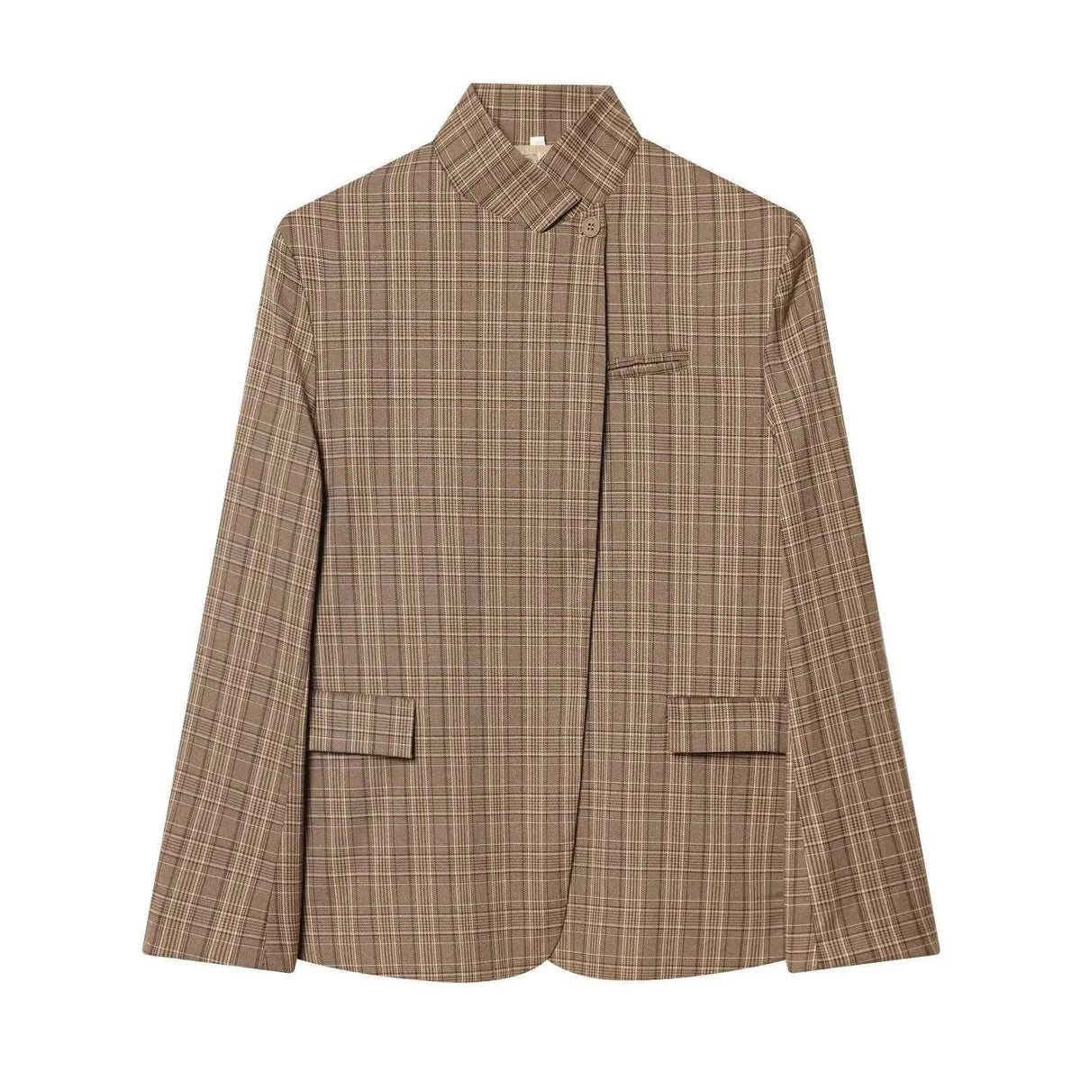 Women's Jacket Brown Plaid High Collar BYMANYC ® New York SOHO ASYMMETRIC STAND COLLAR BLAZER - New Collection