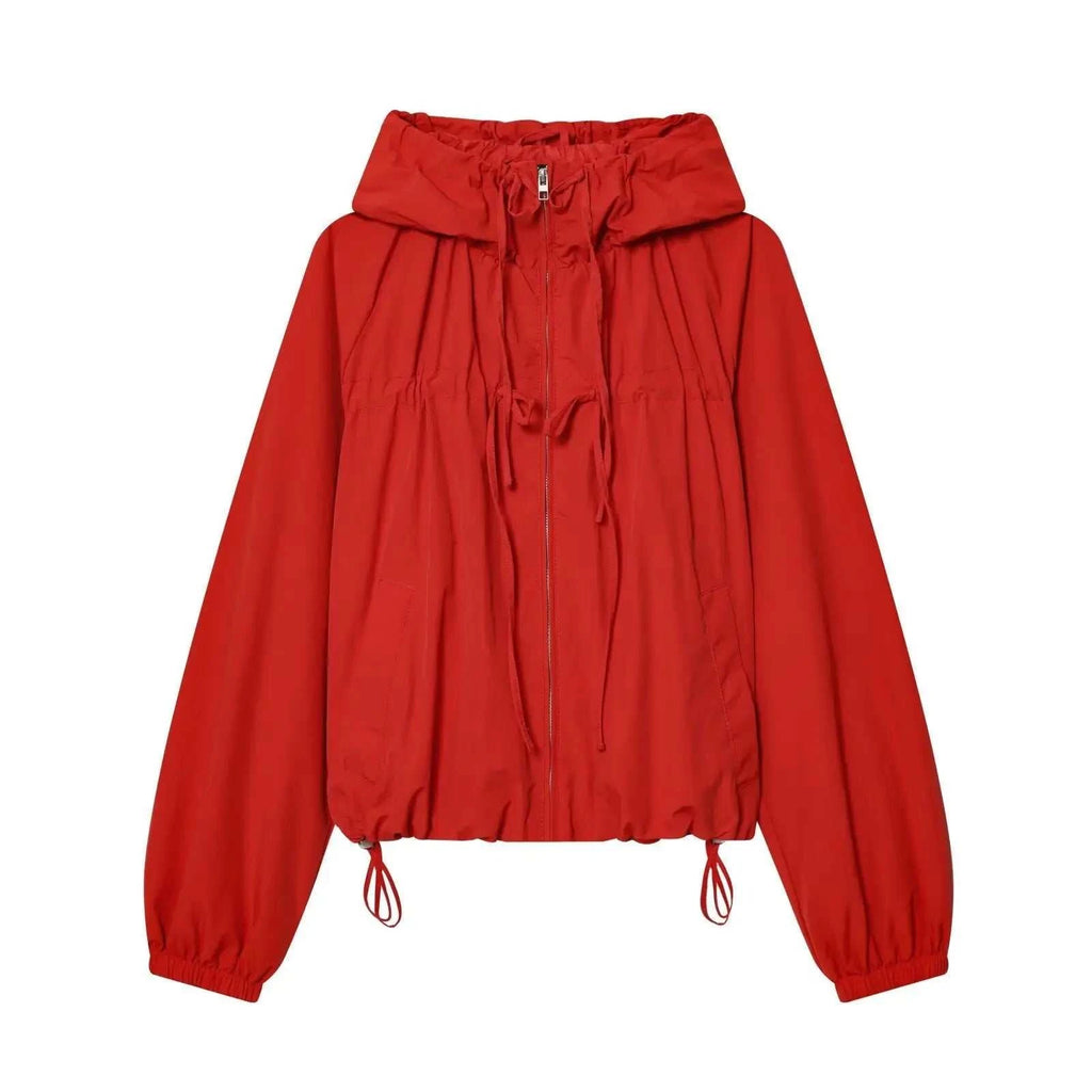 Women's Jacket Crimson Red Hooded Windbreaker BYMANYC ® New York SOHO RED DRAWSTRING WINDBREAKER - New Collection