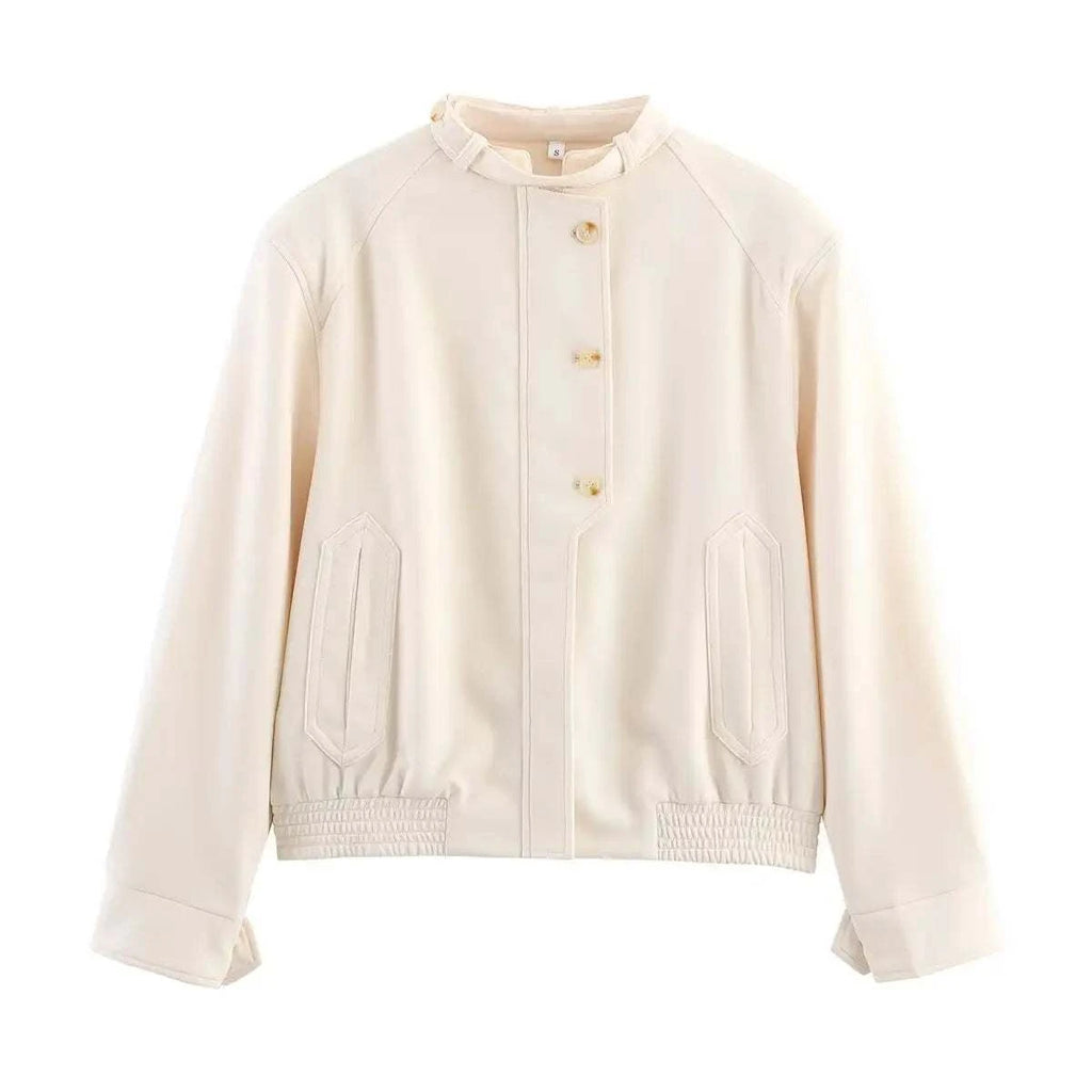 Women's Jacket Off-White Cream Faux Leather BYMANYC ® New York SOHO HIGH COLLAR LEATHERETTE BOMBER - New Collection