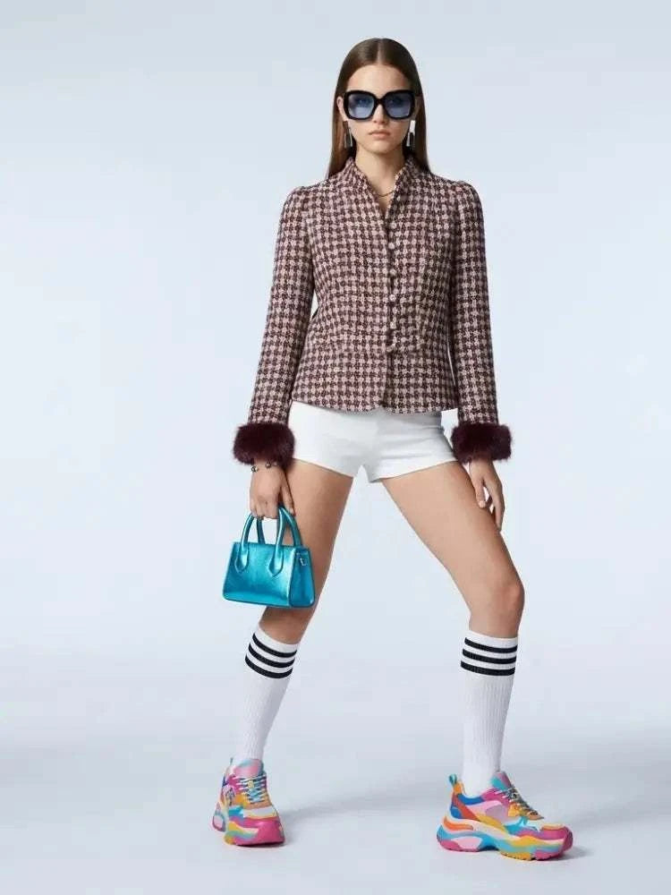 Women's Jacket Tweed Fur Cuffs BYMANYC ® New York MADISON BURGUNDY TWEED - New Collection