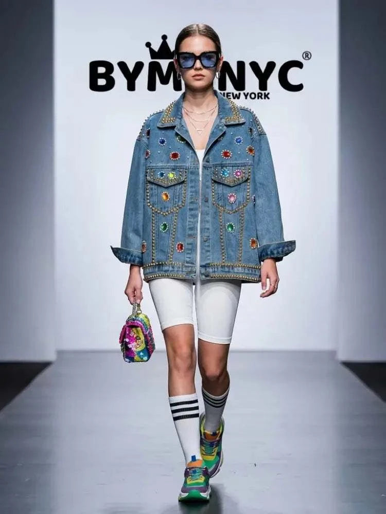 Women's Oversized Jewel & Studded Denim Jacket BYMANYC ® New York CONTEMPORARY VIBRANT MODERN OUTERWEAR - New Collection