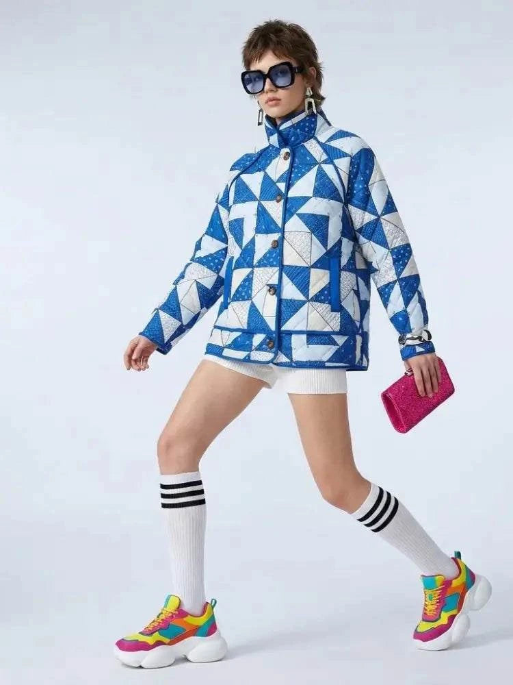 Women's Quilted Jacket Geometric Blue White BYMANYC ® New York CONTEMPORARY VIBRANT MODERN OUTERWEAR - New Collection