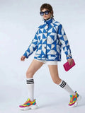 Women's Quilted Jacket Geometric Blue White BYMANYC ® New York CONTEMPORARY VIBRANT MODERN OUTERWEAR - New Collection