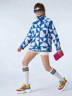 Women's Quilted Jacket Geometric Blue White BYMANYC ® New York CONTEMPORARY VIBRANT MODERN OUTERWEAR - New Collection
