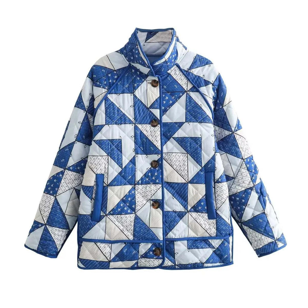 Women's Quilted Jacket Geometric Blue White BYMANYC ® New York CONTEMPORARY VIBRANT MODERN OUTERWEAR - New Collection