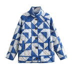 Women's Quilted Jacket Geometric Blue White BYMANYC ® New York CONTEMPORARY VIBRANT MODERN OUTERWEAR - New Collection