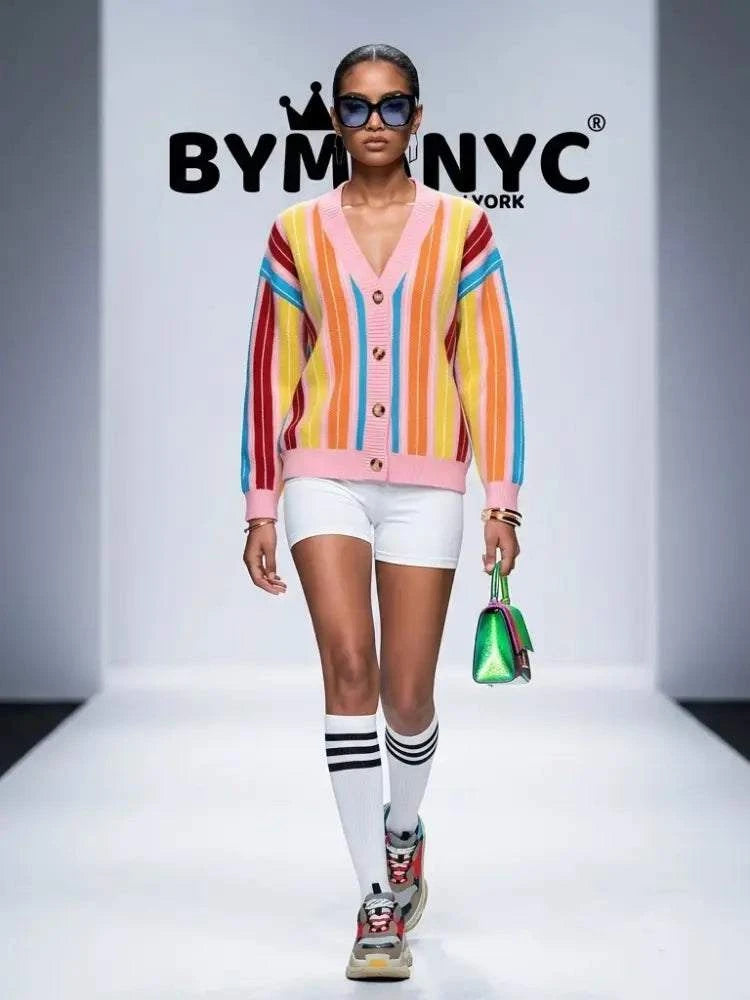 Women's Rainbow Striped Knit Cardigan BYMANYC ® New York CONTEMPORARY VIBRANT MODERN OUTERWEAR - New Collection