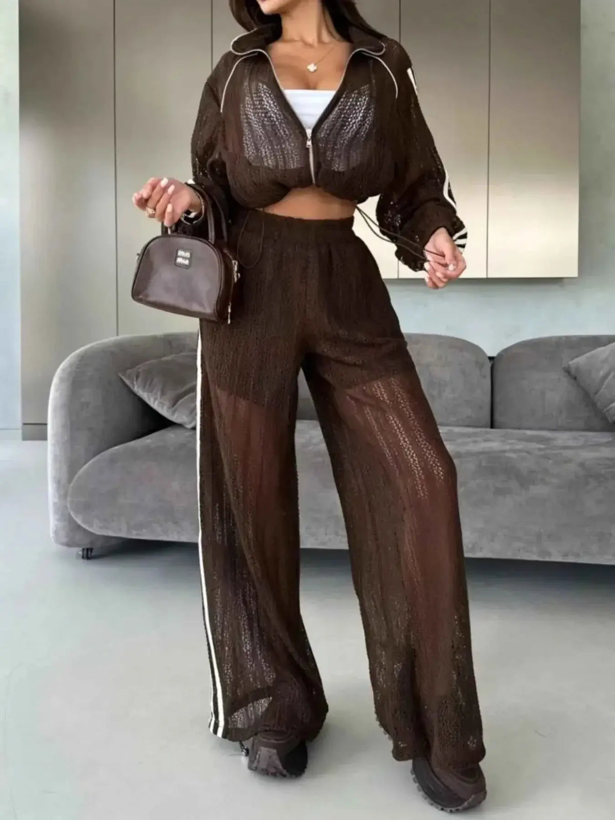 Women's Side Stripes Zip Up Top and Pants Set - Two-Piece Tracksuit