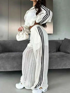 Women's Side Stripes Zip Up Top and Pants Set - Two-Piece Tracksuit