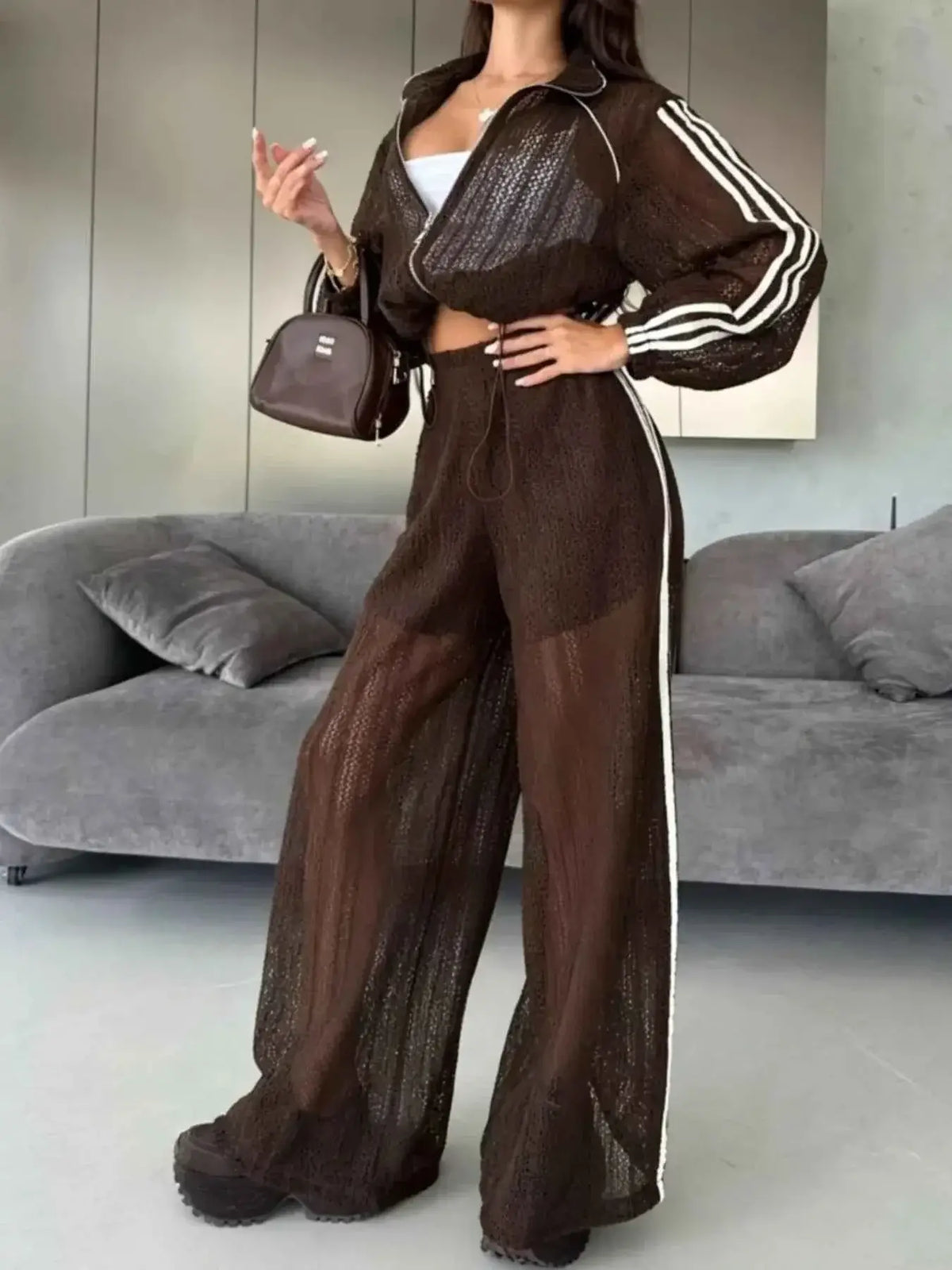 Women's Side Stripes Zip Up Top and Pants Set - Two-Piece Tracksuit