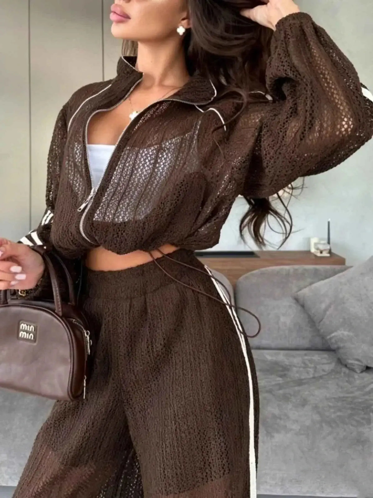 Women's Side Stripes Zip Up Top and Pants Set - Two-Piece Tracksuit