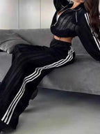 Women's Side Stripes Zip Up Top and Pants Set - Two-Piece Tracksuit