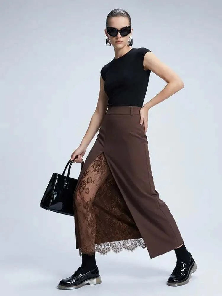 Women's Skirt Brown Maxi BYMANYC ® New York SOHO LACE SPLIT - New Collection