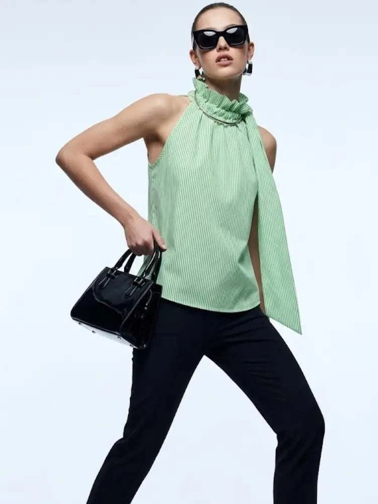 Women's Top High Neck Halter BYMANYC ® New York HAMPTONS GREEN STRIPE - New Collection
