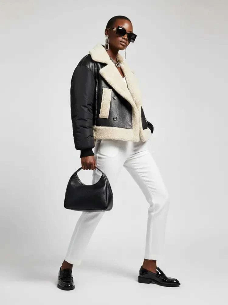 Women's Vegan Leather & Shearling Bomber Jacket BLACK - PARK SLOPE: New Collection COUTURE in BROOKLYN - BYMANYC ® New York