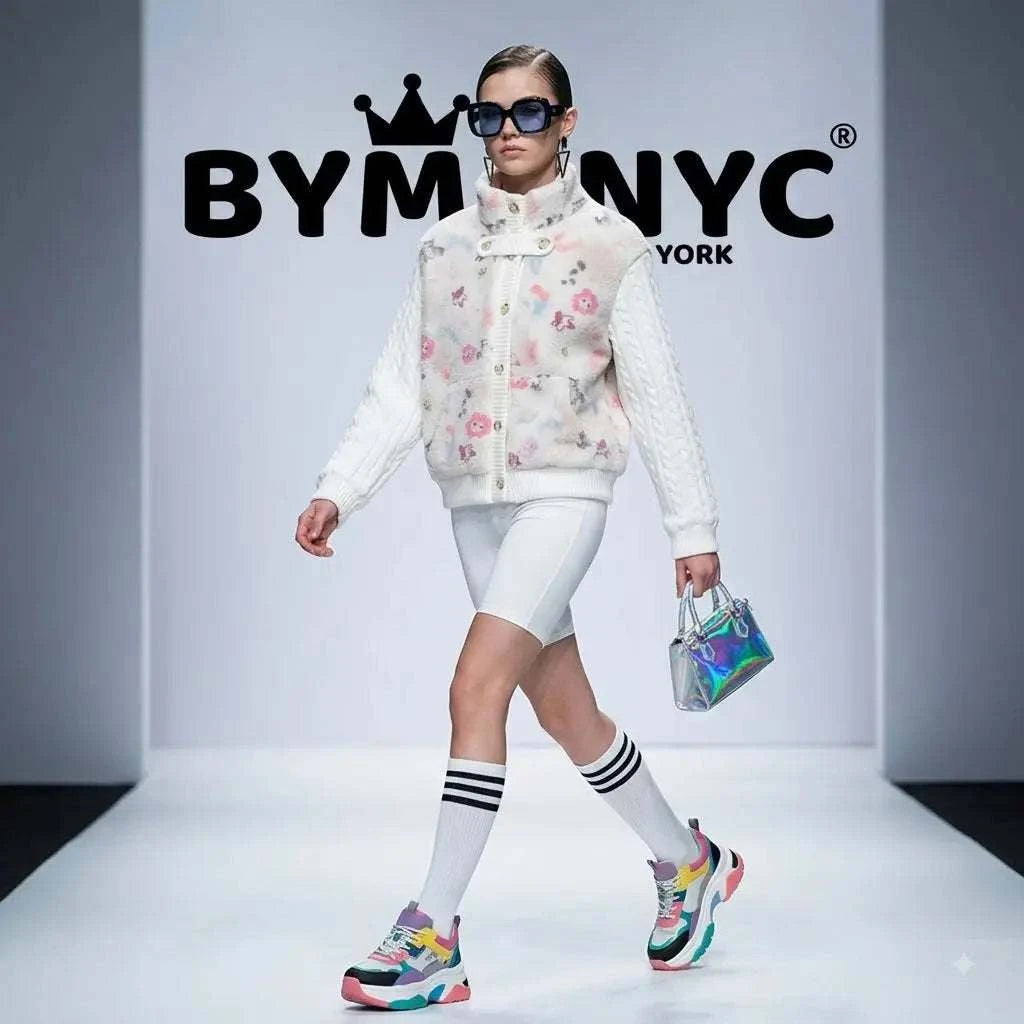 Women's White Fleece Cable Knit Bomber Jacket Floral Printed BYMANYC ® New York CONTEMPORARY VIBRANT MODERN OUTERWEAR - New Collection