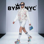 Women's White Fleece Cable Knit Bomber Jacket Floral Printed BYMANYC ® New York CONTEMPORARY VIBRANT MODERN OUTERWEAR - New Collection