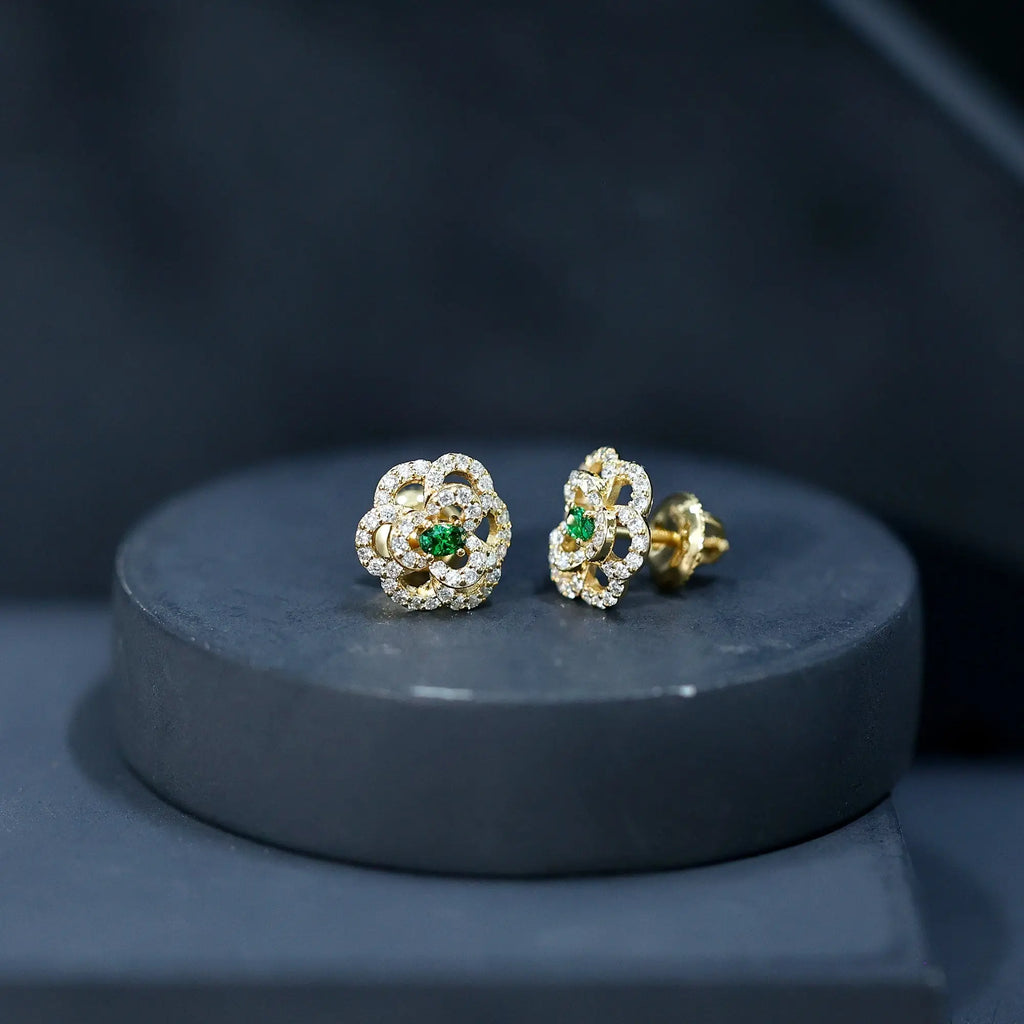 Yellow Gold Plated Silver Lab Grown Emerald Diamond Flower Stud Earrings for Women