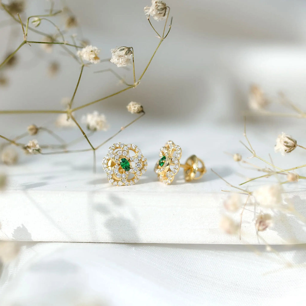 Yellow Gold Plated Silver Lab Grown Emerald Diamond Flower Stud Earrings for Women