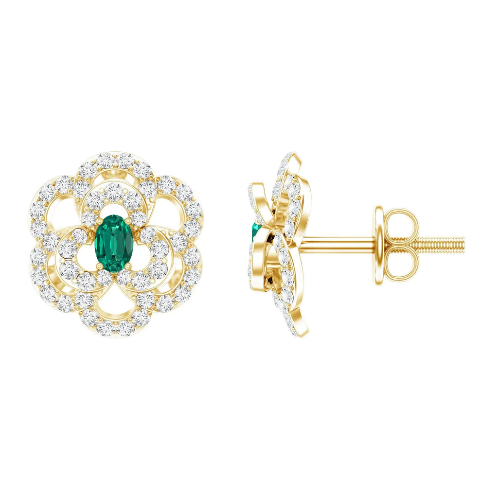 Yellow Gold Plated Silver Lab Grown Emerald Diamond Flower Stud Earrings for Women