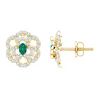 Yellow Gold Plated Silver Lab Grown Emerald Diamond Flower Stud Earrings for Women