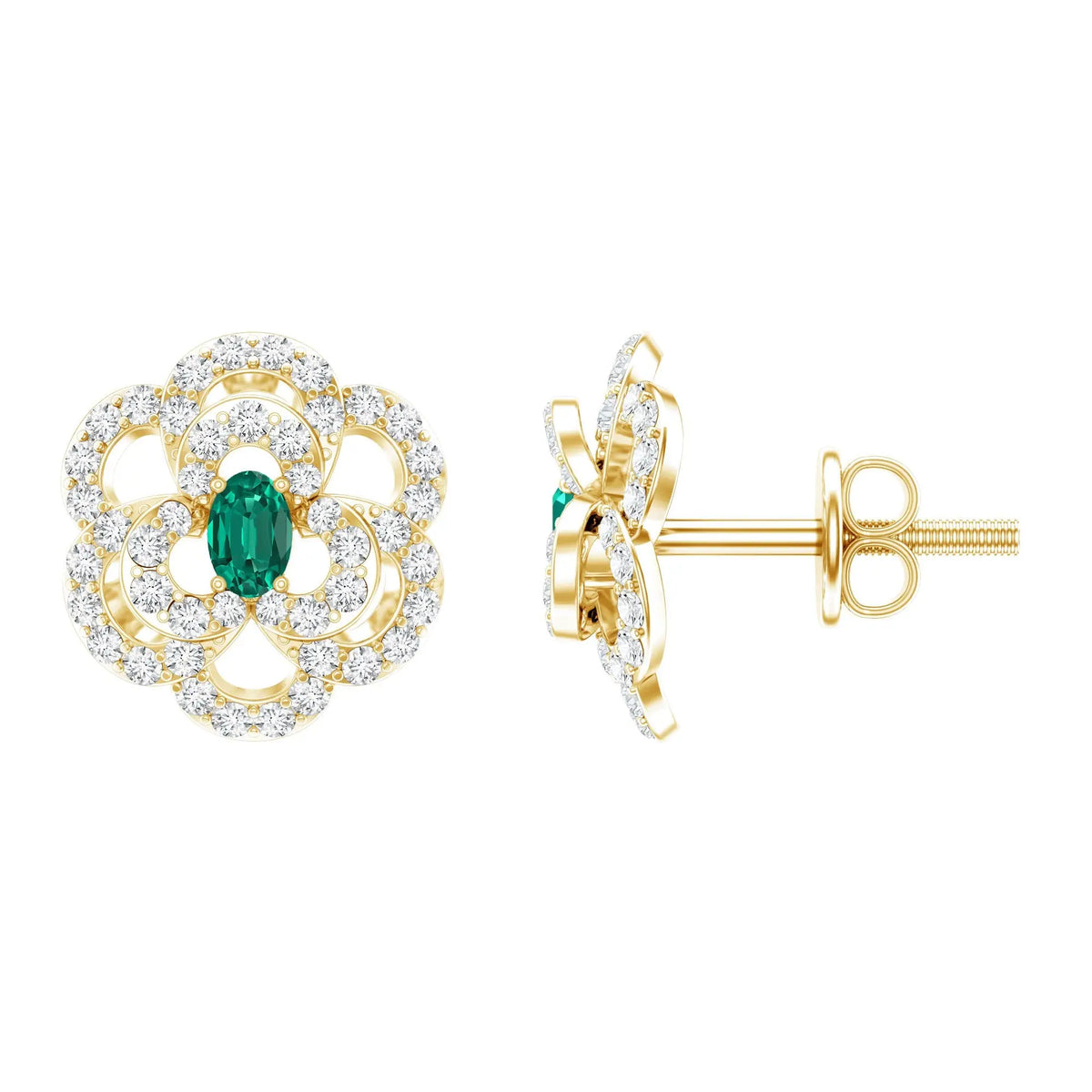 Yellow Gold Plated Silver Lab Grown Emerald Diamond Flower Stud Earrings for Women