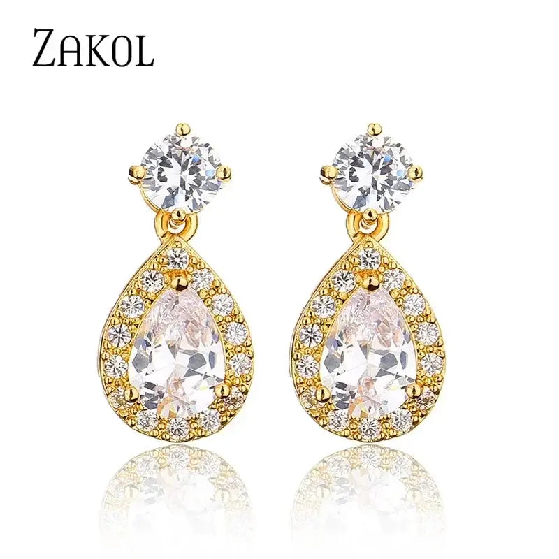 ZAKOL Classic Water Drop Earrings in gold-tone metal with clear cubic zirconia stones arranged in teardrop shape and round studs