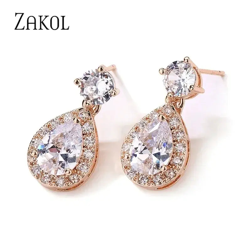 ZAKOL Classic Water Drop Earrings featuring rose gold cubic zirconia with pear-shaped and round clear crystals in a dangle design