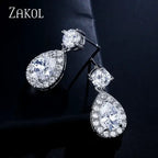 ZAKOL Classic Water Drop Earrings in silver tone with clear cubic zirconia stones featuring a large teardrop and smaller round stones