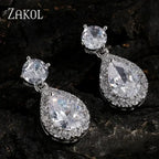 ZAKOL Classic Water Drop Earrings in silver tone with clear cubic zirconia stones, featuring a round top and teardrop dangle design