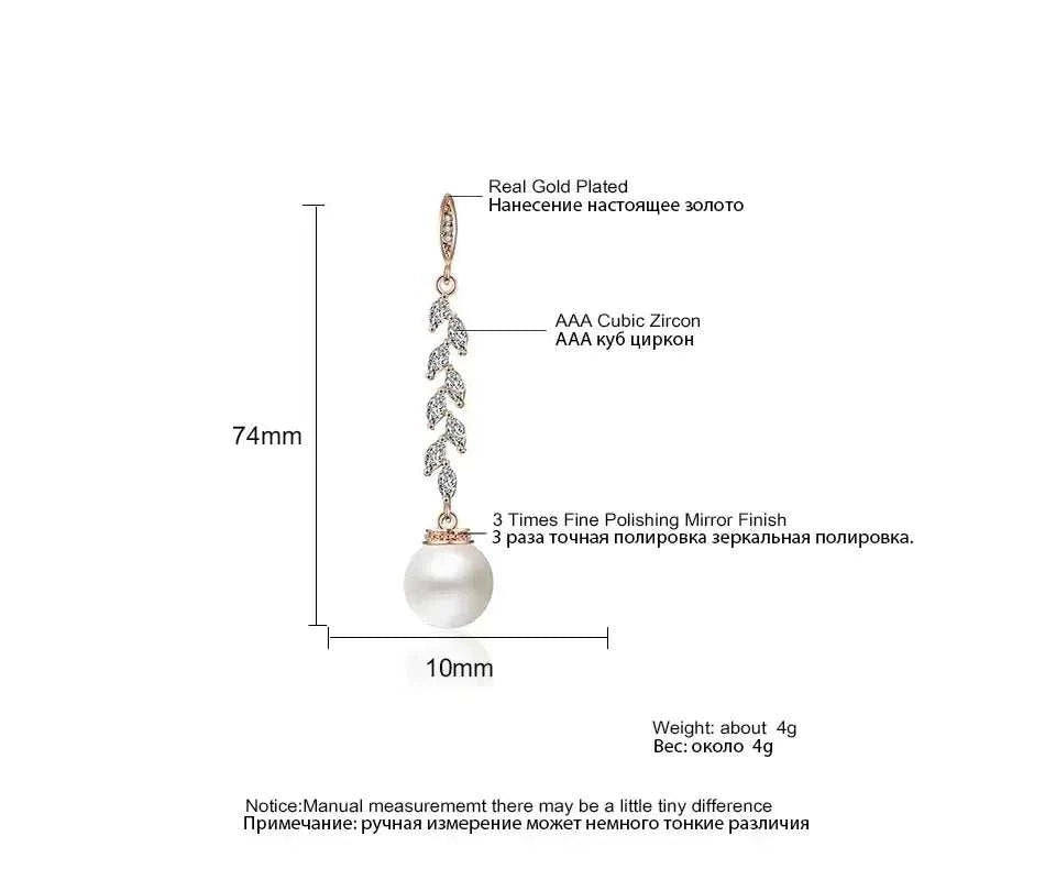 ZAKOL Fashion Round Imitation Pearls Drop Earrings for Women Shinny Zirconia Crystal Leaf Long Bridal Earring Wedding Jewelry