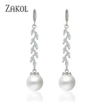 ZAKOL Fashion Round Imitation Pearls Drop Earrings for Women Shinny Zirconia Crystal Leaf Long Bridal Earring Wedding Jewelry