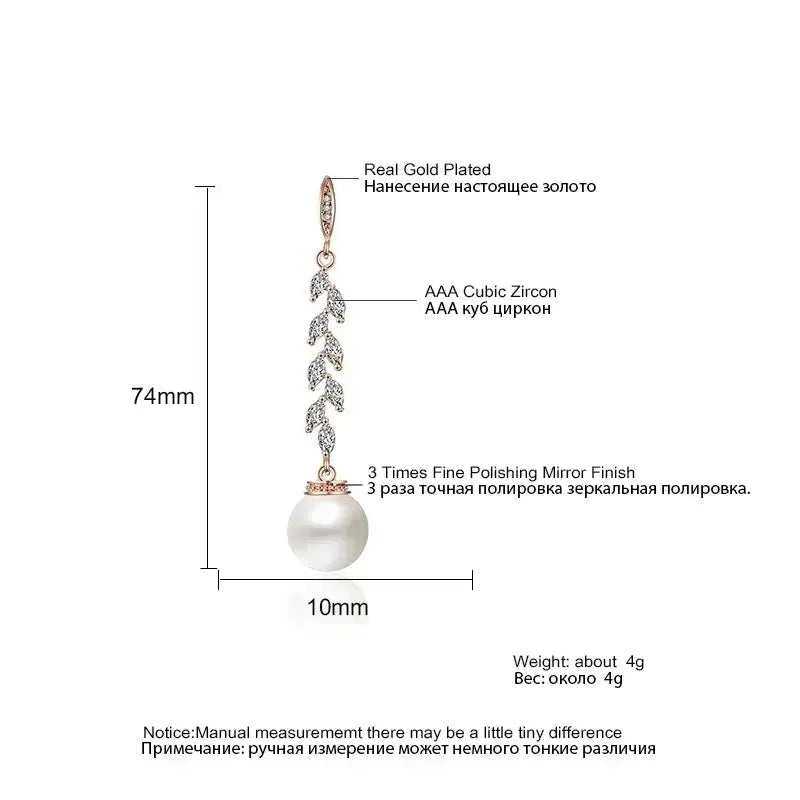ZAKOL Fashion Round Imitation Pearls Drop Earrings for Women Shinny Zirconia Crystal Leaf Long Bridal Earring Wedding Jewelry