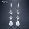 ZAKOL Fashion Round Imitation Pearls Drop Earrings for Women Shinny Zirconia Crystal Leaf Long Bridal Earring Wedding Jewelry