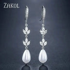 ZAKOL Fashion Round Imitation Pearls Drop Earrings for Women Shinny Zirconia Crystal Leaf Long Bridal Earring Wedding Jewelry