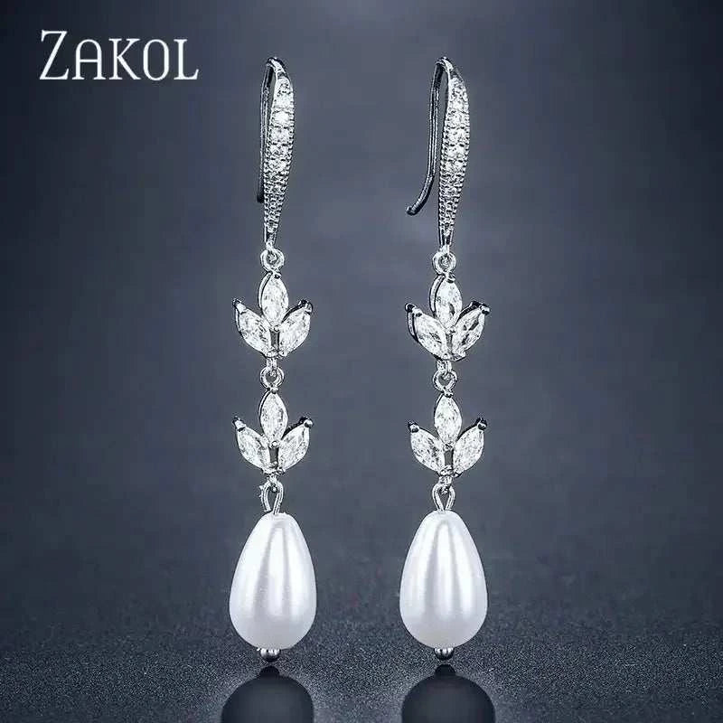 ZAKOL Fashion Round Imitation Pearls Drop Earrings for Women Shinny Zirconia Crystal Leaf Long Bridal Earring Wedding Jewelry