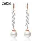 ZAKOL Fashion Round Imitation Pearls Drop Earrings for Women Shinny Zirconia Crystal Leaf Long Bridal Earring Wedding Jewelry