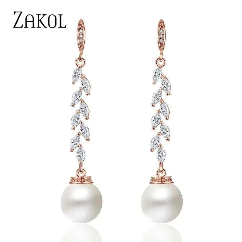 ZAKOL Fashion Round Imitation Pearls Drop Earrings for Women Shinny Zirconia Crystal Leaf Long Bridal Earring Wedding Jewelry