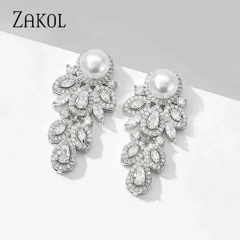 ZAKOL New Fashion white simulated-pearl and cubic zirconia crystal leaf drop earrings for women